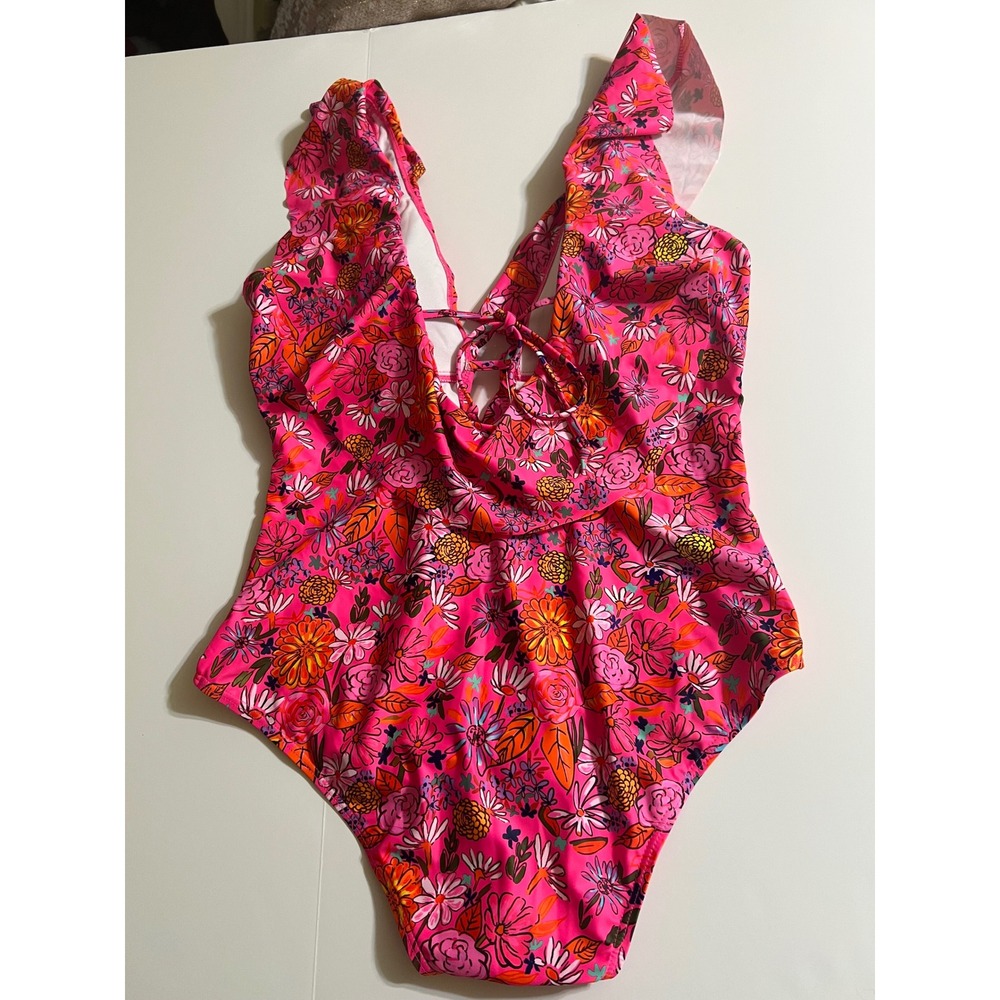 Sporlike Womens Pink Floral Ruffle V-Neck Lace Up One Piece Swimsuit Size L NEW - Picture 4 of 7